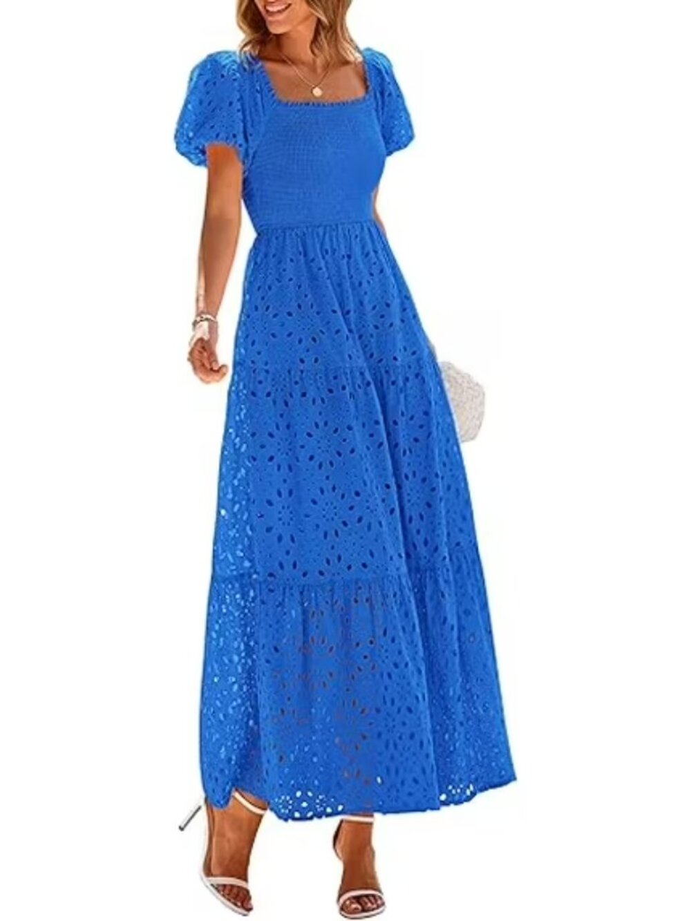 PRETTYGARDEN Women's Summer Eyelet Maxi Dress Blue Large NWT